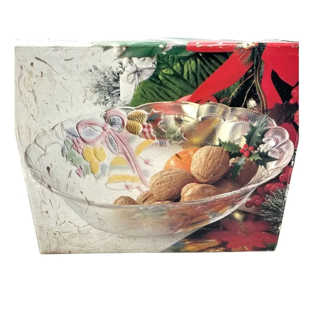 VTG NEW MIKASA Festive Bells MCM Oval Glass Bowl & Platter Holiday Serving Set